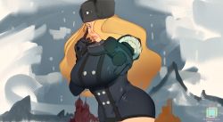 Rule 34 | 1girl, aigisanamana, black gloves, blonde hair, blue eyes, breasts, buttons, coat, finger on face, fur hat, fur trim, gloves, hair over one eye, hat, highres, kolin, large breasts, lips, long hair, looking at viewer, mountain, parted lips, pointing, pointing at viewer, snow, snowing, solo, street fighter, street fighter v, ushanka, wavy hair, wide hips, winter clothes, winter coat