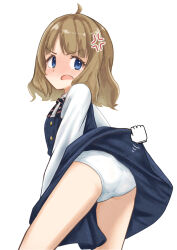 Rule 34 | 1girl, ahoge, anger vein, ass, blue dress, blue eyes, blush, bow, bowtie, brown hair, buttons, check commentary, clothes lift, commentary request, covering crotch, covering privates, cowboy shot, cursor, dress, dress lift, dress tug, eyelashes, fang, flat chest, full-face blush, hand cursor, highres, idolmaster, idolmaster million live!, idolmaster million live! theater days, kasago (wnfj2383), long sleeves, looking back, open mouth, panties, shirt, short hair, skin fang, solo, striped bow, striped bowtie, striped clothes, suou momoko, thighs, underwear, uniform series (idolmaster), v-shaped eyebrows, white background, white panties, white shirt