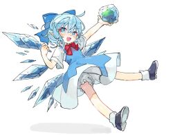 Rule 34 | 1girl, :d, arm up, black footwear, bloomers, blue bow, blue dress, blue eyes, blue hair, bow, bowtie, cirno, commentary request, dress, frozen frog, full body, hair bow, holding, ice, ice wings, looking at viewer, medium hair, open mouth, osakanadream, pointy ears, puffy short sleeves, puffy sleeves, red bow, red bowtie, shirt, short sleeves, simple background, smile, socks, solo, touhou, underwear, white background, white bloomers, white shirt, white socks, wings