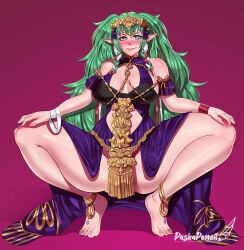 Rule 34 | 1girl, barefoot, blush, breasts, cleavage, female focus, fire emblem, fire emblem: three houses, fireball, full body, gluteal fold, green eyes, green hair, large breasts, lip biting, long hair, looking at viewer, matching hair/eyes, nintendo, pashapencil, pointy ears, solo, sothis (fire emblem), squatting