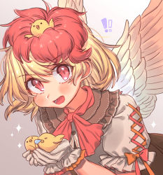 Rule 34 | !, !!, 1girl, :d, animal, animal on head, bird, blonde hair, blush, chick, commentary request, feathered wings, frilled shirt collar, frills, gloves, grey background, hair between eyes, highres, holding, holding animal, looking at viewer, masanaga (tsukasa), multicolored hair, niwatari kutaka, on head, open mouth, puffy short sleeves, puffy sleeves, red eyes, red hair, shirt, short hair, short sleeves, smile, sparkle, touhou, two-tone hair, upper body, white gloves, white shirt, wings
