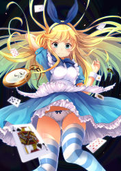 Rule 34 | 1girl, alice (alice in wonderland), alice in wonderland, apron, aqua eyes, arms up, blonde hair, blush, bow, bow panties, card, dress, floating hair, frilled dress, frills, hairband, highres, long hair, looking at viewer, original, panties, pants, playing card, pocket watch, short sleeves, solo, striped clothes, striped thighhighs, sunsuke, thighhighs, underwear, very long hair, watch, white panties, wrist cuffs