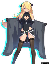 Rule 34 | 1girl, alternate costume, black gloves, blonde hair, blush, breasts, brown thighhighs, cleavage, cleavage cutout, closed mouth, clothing cutout, coat, commentary request, creatures (company), cynthia (pokemon), eyelashes, game freak, gloves, grey eyes, hair ornament, hair over one eye, heart cutout, highres, knees, leotard, long hair, looking at viewer, madoka (user zrnk8278), nintendo, open clothes, open coat, pokemon, pokemon dppt, shiny skin, smile, solo, thighhighs