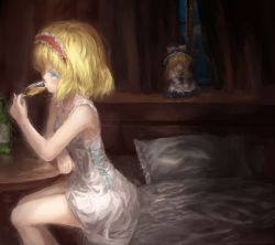 Rule 34 | 1girl, alice margatroid, bed, blonde hair, blue eyes, bottle, character doll, cup, curtains, doll, dress, drinking, drinking glass, female focus, glass, hairband, indoors, kirisame marisa, madaragi, nightgown, pillow, short dress, short hair, sitting, solo, touhou, window, wine glass