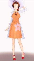 Rule 34 | 1girl, 3d, artist request, breasts, brown eyes, brown hair, creatures (company), delia ketchum, dress, full body, game freak, hat, highres, long hair, nintendo, pokemon, pokemon (anime), pokemon sm (anime), ponytail, shiny skin, simple background, smile, solo, sun hat