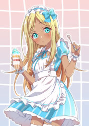 Rule 34 | 1girl, apron, aqua eyes, blonde hair, blue dress, blue ribbon, blush, bow, breasts, closed mouth, collar, cowboy shot, cup, dark-skinned female, dark skin, detached collar, dress, eating, frilled apron, frilled dress, frills, gradient background, grid background, hair bow, hair ribbon, hands up, highres, holding, holding cup, holding spoon, idolmaster, idolmaster cinderella girls, idolmaster cinderella girls starlight stage, layla (idolmaster), long hair, looking at viewer, multicolored nails, nail polish, neck ribbon, parfait, puffy short sleeves, puffy sleeves, ribbon, scrunchie, short sleeves, small breasts, solo, spoon, standing, striped clothes, striped dress, thighhighs, tottoto tomekichi, two-tone background, white apron, white collar, white headdress, white scrunchie, white thighhighs, wrist scrunchie