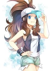 Rule 34 | 1girl, :3, alternate color, aqua shorts, bare arms, baseball cap, black vest, blue eyes, brown hair, closed mouth, cowboy shot, creatures (company), game freak, hand on own hip, hat, high ponytail, highres, hilda (pokemon), long hair, looking at viewer, nintendo, open clothes, open vest, pokemon, pokemon bw, shirt, short shorts, shorts, sleeveless, sleeveless shirt, smile, solo, standing, very long hair, vest, white background, white shirt, wristband, yomogi (black-elf)