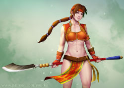 Rule 34 | &gt;:), 1girl, abs, breasts, brown eyes, brown hair, closed mouth, collarbone, cowboy shot, fingerless gloves, gloves, groin, headband, holding, holding weapon, long hair, looking at viewer, low ponytail, lowleg, medium breasts, midriff, navel, pelvic curtain, polearm, ponytail, seong mi-na, smile, solo, soul calibur, spear, v-shaped eyebrows, watermark, weapon, web address, ynorka chiu