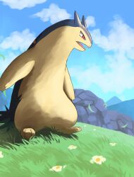 Rule 34 | absurdres, cloud, commentary request, creatures (company), day, falling leaves, fangs, flower, game freak, gen 2 pokemon, grass, highres, jira (ziraiya26), leaf, looking down, nintendo, no humans, open mouth, orange eyes, outdoors, pokemon, pokemon (creature), sky, solo, standing, tongue, typhlosion
