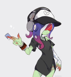 Rule 34 | 1girl, :/, absurdres, arm at side, bandaged arm, bandages, baseball cap, between fingers, black dress, blue hair, bra strap, bracelet, closed mouth, colored skin, commentary request, cowboy shot, dedf1sh, dot nose, dress, gradient hair, green skin, hand up, hat, headphones, headphones over headwear, highres, holding, jewelry, long hair, multicolored hair, nintendo, no eyes, octoling, off-shoulder dress, off shoulder, piyomaru (hachiyonnxxxx), red-tinted eyewear, red hair, sanitized (splatoon), side slit, single bare shoulder, solo, sparkle, splatoon (series), splatoon 3, splatoon 3: side order, suction cups, tentacle hair, tinted eyewear, two-tone hair, white background