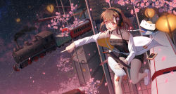 Rule 34 | + +, 1girl, :d, animal, bag, bare shoulders, bird, black camisole, black shorts, blurry, blurry foreground, blush, branch, breasts, brown hair, camisole, cherry blossoms, collarbone, commentary request, depth of field, fang, flower, hair between eyes, headphones, highres, holding, holding animal, jacket, ji dao ji, lantern, locomotive, long hair, long sleeves, looking away, night, night sky, open clothes, open jacket, open mouth, original, outstretched arm, penguin, petals, pink flower, pointing, red eyes, shoes, short shorts, shorts, shoulder bag, sky, small breasts, smile, solo, star (sky), starry sky, themed object, train, white footwear, white jacket