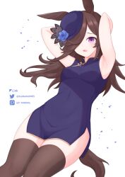 Rule 34 | 1girl, absurdres, alternate costume, animal ears, arm up, armpits, bare shoulders, black thighhighs, blue flower, blue rose, blush, breasts, brown hair, china dress, chinese clothes, commentary request, dress, flower, hair over one eye, highres, horse ears, horse girl, horse tail, long hair, looking at viewer, open mouth, purple dress, purple eyes, purple hair, rice shower (umamusume), rose, simple background, small breasts, smile, solo, tail, thighhighs, tilted headwear, tsubame tien, twitter username, umamusume, white background