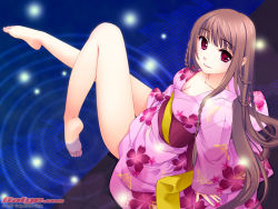 Rule 34 | 1girl, 2007, barefoot, breasts, brown hair, cleavage, feet, galge.com, ginta, japanese clothes, kimono, legs, long hair, medium breasts, red eyes, sitting, soaking feet, soles, solo, toe-point, toes, wallpaper, water