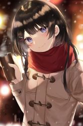 Rule 34 | 1girl, black hair, blue eyes, blurry, blurry background, blush, brown jacket, can, closed mouth, coat, commentary, depth of field, duffel coat, enpera, hair ornament, hairclip, hand up, head tilt, highres, holding, holding can, jacket, kanniiepan, long hair, long sleeves, looking at viewer, nijisanji, red scarf, scarf, smile, solo, tsukino mito, tsukino mito (6th costume), upper body, virtual youtuber