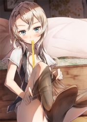 Rule 34 | 10s, 1girl, asymmetrical hair, bad id, bad twitter id, bae.c, bed, blue eyes, blush, boyogo, clothes pull, dressing, flat chest, kantai collection, long hair, mouth hold, nowaki (kancolle), open clothes, open shirt, pantyhose, pantyhose pull, school uniform, shirt, short sleeves, silver hair, sitting, solo