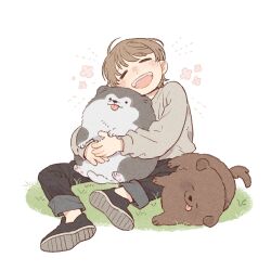 Rule 34 | 1boy, :d, :p, animal, animal hug, black footwear, black pants, brown hair, capri pants, closed eyes, dog, facing viewer, faux figurine, full body, grass, grey shirt, happy, head rest, head tilt, highres, holding, holding animal, holding dog, hug, hug from behind, husky, long sleeves, mannerer62, open mouth, original, pants, shirt, short hair, simple background, sitting, smile, teeth, tongue, tongue out, upper teeth only, white background