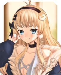 Rule 34 | 1girl, black hairband, blonde hair, blue eyes, bow, breasts, cleavage, commentary, english commentary, hair bow, hairband, indie virtual youtuber, long hair, looking at viewer, mimishima pyon, penguin hair ornament, portrait, sleeves past wrists, smile, solo, virtual youtuber, yashu (shubewbz)