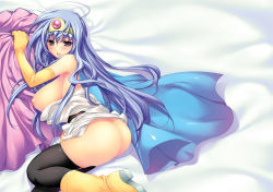 Rule 34 | 1girl, ass, blue hair, blush, boots, breasts, cape, chunsoft, dragon quest, dragon quest iii, elbow gloves, enix, female focus, gloves, large breasts, latex, latex gloves, long hair, nipples, ookami ryousuke, purple eyes, sage (dq3), solo, thighhighs
