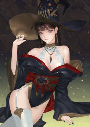 Rule 34 | 1girl, absurdres, black hair, black nails, breasts, commentary, daeho cha, earrings, english commentary, garter straps, gold earrings, gold necklace, hat, highres, hime cut, japanese clothes, jewelry, kneehighs, leotard, long hair, medium breasts, nail polish, neck ring, necklace, obi, off shoulder, oni, original, pink lips, purple eyes, red oni, sash, sharp teeth, smile, socks, teeth, thighhighs, white socks, witch hat