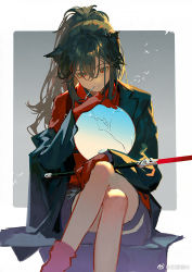 Rule 34 | 1girl, animal ears, arknights, black hair, black jacket, black pants, border, collared shirt, crossed legs, suit jacket, dress shirt, feet out of frame, gloves, grey background, hair between eyes, holding, holding orb, holding sword, holding weapon, invisible chair, jacket, lapels, long hair, long sleeves, mouth hold, off shoulder, official alternate costume, open clothes, open jacket, outside border, pants, ponytail, qiqu, red eyes, red gloves, red shirt, red socks, shirt, sidelocks, simple background, sitting, socks, solo, sword, tail, texas (arknights), texas (willpower) (arknights), watch, weapon, weibo logo, weibo watermark, white border, wolf ears, wolf tail, wristwatch