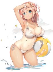 Rule 34 | 1girl, :d, arm up, armpits, aymusk, ball, bare arms, bare shoulders, beachball, bikini, blue eyes, blush, breasts, cleavage, collarbone, covered erect nipples, flower, flower bracelet, front-tie bikini top, front-tie top, gluteal fold, groin, hair flower, hair ornament, highres, holding, large breasts, long hair, looking at viewer, navel, one-piece tan, one side up, open mouth, original, pink hair, side-tie bikini bottom, sidelocks, smile, solo, string bikini, swimsuit, tan, tanline, wading, water, wet, white bikini, white flower