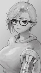 Rule 34 | 1girl, asymmetrical hair, bottle, breasts, can, canned coffee, coffee, coffee bottle, commentary request, drink can, eyelashes, glasses, greyscale, happy, highres, hiragana oufu, large breasts, looking at viewer, messy hair, monochrome, original, short hair, sketch, smile, solo, sweater