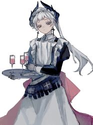 Rule 34 | 1girl, absurdres, apron, arknights, black dress, champagne flute, closed mouth, collared dress, commentary request, cross, cross earrings, cup, dress, drink, drinking glass, earrings, gloves, grey eyes, grey hair, highres, holding, holding tray, irene (arknights), irene (voyage of feathers) (arknights), jewelry, juliet sleeves, latin cross, long hair, long sleeves, looking at viewer, miaowubupa, puffy sleeves, simple background, solo, tray, very long hair, white apron, white background, white gloves