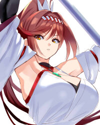 Rule 34 | 1girl, absurdres, armpits, bare shoulders, breast focus, breasts, chest jewel, cleavage, close-up, commentary, core crystal (xenoblade), criss-cross halter, detached sleeves, glimmer (xenoblade), halterneck, high ponytail, highres, japanese clothes, kimono, large breasts, long hair, looking at viewer, negresco, parted lips, ponytail, red hair, solo, swept bangs, upper body, white kimono, wide sleeves, xenoblade chronicles (series), xenoblade chronicles 3, xenoblade chronicles 3: future redeemed