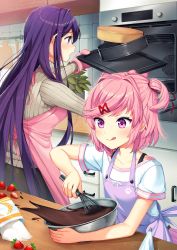 Rule 34 | 2girls, apron, baking, black pants, blush, breasts, cake, chocolate, closed mouth, commentary, cooking, cowboy shot, dessert, doki doki literature club, english commentary, food, fruit, grey sweater, hair ornament, hairclip, highres, kitchen, long hair, medium breasts, multiple girls, natsuki (doki doki literature club), open mouth, oven, oven mitts, pants, paw print, paw print pattern, pink eyes, pink hair, plant, potted plant, purple apron, purple eyes, purple hair, refrigerator, ribbed sweater, satchely, shirt, short hair, short sleeves, short twintails, small breasts, smile, straight hair, strawberry, sweater, tongue, tongue out, turtleneck, turtleneck sweater, twintails, upper body, whisk, whisking, white shirt, yuri (doki doki literature club)