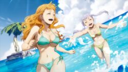 Rule 34 | 2girls, anime screenshot, beach, bikini, black clover, breasts, cousins, curvy, green eyes, grey hair, large breasts, long hair, looking at viewer, medium breasts, mimosa vermillion, multiple girls, noelle silva, official art, orange hair, outdoors, purple eyes, shiny skin, size difference, swimsuit, thick thighs, thighs, twintails, water, wavy hair, wet