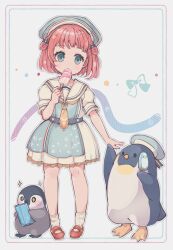 Rule 34 | 1girl, absurdres, baby penguin, bird, blue bow, blue eyes, blush, bow, child, dot nose, dress, emperor penguin, food, food in mouth, full body, hacosumi, hair bow, hair ornament, hat, highres, holding, holding food, holding popsicle, ice cream, light blush, looking at viewer, mary janes, necktie, original, outline, penguin, popsicle, popsicle in mouth, red footwear, red hair, ribbed socks, sailor hat, school uniform, serafuku, shoes, short hair, short sleeves, socks, solid oval eyes, sparkle, sparkling eyes, standing, white background, white outline, white socks, yellow necktie