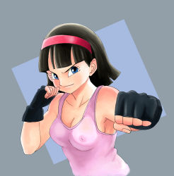 Rule 34 | 1girl, black hair, blue eyes, breasts, cleavage, clenched hand, dragonball z, female focus, gloves, grin, headband, highres, looking at viewer, medium breasts, nipples, phobosmarsone, pink shirt, shirt, short hair, smile, solo, tomboy, upper body, videl
