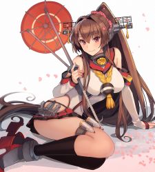 Rule 34 | 1girl, arm support, bare shoulders, brown hair, flower, hair flower, hair intakes, hair ornament, headgear, highres, hip vent, holding, holding umbrella, kantai collection, kasumi (skchkko), long hair, looking at viewer, petals, ponytail, red eyes, simple background, sitting, solo, umbrella, very long hair, yamato (kancolle), yokozuwari