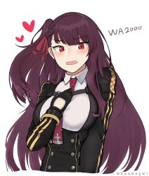Rule 34 | 1girl, black gloves, blush, breasts, buttons, double-breasted, girls&#039; frontline, gloves, heart, highres, kyamagwi, long hair, looking at viewer, necktie, open mouth, purple hair, red eyes, side ponytail, solo, wa2000 (girls&#039; frontline), wavy mouth