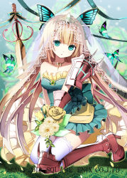 Rule 34 | 1girl, :o, armor, bad id, bad pixiv id, bare shoulders, blonde hair, blunt bangs, boots, bouquet, bug, butterfly, butterfly hair ornament, circle skirt, day, diadem, dress, flower, gauntlets, gem, grass, green dress, green eyes, hair ornament, head tilt, high heel boots, high heels, holding, holding bouquet, insect, jewelry, kaku-san-sei million arthur, kneeling, long hair, looking at viewer, million arthur (series), necklace, official art, outdoors, parted lips, pauldrons, shoulder armor, single bare shoulder, single gauntlet, single pauldron, single thigh boot, solo, sword, thigh boots, thighhighs, veil, very long hair, watermark, weapon, white thighhighs, yuuki kira