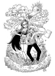 Rule 34 | 1boy, 1girl, antenna hair, arm around shoulder, backpack, bag, belt, belt buckle, bird, blush, boots, buckle, bug, butterfly, buttons, clenched teeth, collarbone, collared shirt, commentary request, fang, flower bed, glasses, greyscale, height difference, highres, holding, holding notebook, insect, layered shirt, leaf, long hair, long sleeves, looking at another, monochrome, necktie, notebook, open mouth, original, pants, pocket, puffy short sleeves, puffy sleeves, shirt, shoe belt, shoes, short hair, short sleeves, shorts, signature, slit pupils, smile, sweatdrop, teeth, thigh belt, thigh strap, tree, v-shaped eyebrows, very long hair, vest, yamato koara