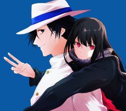 Rule 34 | 1boy, 1girl, am ei, black eyes, black hair, blue background, blue ribbon, buttons, commentary, fate (series), from side, hat, hat ribbon, koha-ace, long hair, long sleeves, looking at viewer, oryou (fate), ribbon, sakamoto ryouma (fate), scarf, smile, upper body, white hat