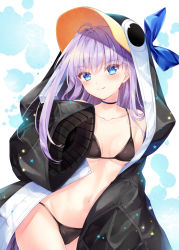 Rule 34 | 1girl, :q, animal costume, animal hood, bare shoulders, bikini, bikini under clothes, black bikini, black jacket, blue choker, blue eyes, breasts, choker, closed mouth, collarbone, commentary request, cowboy shot, fate/grand order, fate (series), floral background, hair between eyes, hood, hood up, hooded jacket, jacket, long hair, long sleeves, looking at viewer, meltryllis, meltryllis (fate), meltryllis (swimsuit lancer) (fate), meltryllis (swimsuit lancer) (first ascension) (fate), navel, nogi takayoshi, open clothes, open jacket, penguin costume, penguin hood, purple hair, sleeves past fingers, sleeves past wrists, small breasts, smile, solo, stomach, string bikini, swimsuit, tongue, tongue out, very long hair, white background
