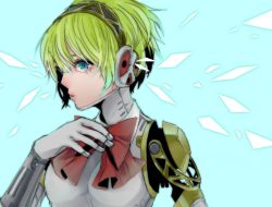 Rule 34 | 1girl, aegis (persona), android, bad id, bad pixiv id, blonde hair, blue background, blue eyes, bow, hairband, hand on own chest, joints, looking at viewer, persona, persona 3, profile, robot joints, shin (summer-summer), short hair, solo