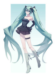 Rule 34 | 1girl, absurdres, aqua background, aqua eyes, aqua hair, bare shoulders, black bow, black dress, black gloves, boots, bow, box, breasts, collarbone, dress, elbow gloves, full body, gift, gloves, gradient background, grey footwear, hair bow, hatsune miku, heart-shaped box, highres, holding, holding gift, kirby d a, knee boots, layered dress, long hair, looking at viewer, open mouth, short dress, small breasts, smile, solo, strapless, strapless dress, thigh strap, twintails, very long hair, vocaloid, white background