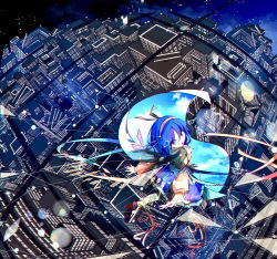 Rule 34 | 1girl, :d, arawara, arched back, black footwear, blue eyes, blue hair, blue ribbon, blush, building, cape, chromatic aberration, city, cityscape, constellation, cross-laced footwear, dress, fingernails, floating, frilled dress, frills, full body, hair between eyes, hairband, high heels, highres, leg ribbon, looking at viewer, looking back, multicolored clothes, multicolored dress, multicolored hairband, multicolored nails, nail polish, night, night sky, open hands, open mouth, outstretched arms, outstretched hand, patchwork clothes, phonograph, rainbow gradient, ribbon, short hair, sky, sky print, skyscraper, smile, solo, star (sky), starry sky, tenkyuu chimata, touhou, window, yellow ribbon