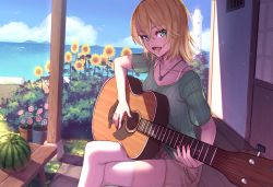 Rule 34 | 1girl, acoustic guitar, allison (summer lesson), animal, bad id, bad pixiv id, bird, blonde hair, blue eyes, blue sky, brown shorts, cloud, cloudy sky, collarbone, commentary request, crossed legs, day, fingernails, flower, flying, food, fruit, green shirt, guitar, hair between eyes, highres, instrument, island, jewelry, leaf, lighthouse, long fingernails, looking at viewer, music, nail polish, necklace, ocean, open mouth, pink lips, pink nails, plant, playing instrument, ribbed shirt, scenery, shirt, short hair, short shorts, short sleeves, shorts, sitting, sky, smile, solo, summer lesson, sunflower, teeth, thighhighs, thighs, veranda, water, watermelon, white thighhighs, yellow flower, yellowpaint.