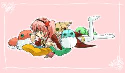 Rule 34 | alfa system, book, doll, food, green eyes, kanonno grassvalley, pillow, pink hair, tales of (series), tales of the world radiant mythology 3, thighhighs