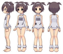 Rule 34 | 1girl, ankle cuffs, black hair, blue eyes, blush, buttons, child, collarbone, full body, game boy, game boy-tan, game boy (original), grey one-piece swimsuit, hair ornament, hairband, handheld game console, looking at viewer, multiple views, nintendo, one-piece swimsuit, open mouth, personification, product girl, short hair, simple background, standing, swimsuit, thigh gap, thighs, twintails, white background, wrist cuffs