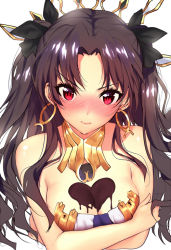 Rule 34 | 1girl, bare arms, bare shoulders, bikini, black hair, black ribbon, blush, breasts, brown hair, candy, chocolate, chocolate heart, chocolate on body, chocolate on breasts, cleavage, crossed arms, crown, earrings, embarrassed, fate/grand order, fate (series), female focus, food, food on body, furrowed brow, gem, hair ribbon, heart, heart on chest, hoop earrings, ishtar (fate), jewelry, long hair, looking at viewer, mataro (matarou), medium breasts, neck ring, parted bangs, red eyes, revealing clothes, ribbon, shiny skin, shy, simple background, solo, strapless, strapless bikini, swimsuit, tohsaka rin, tsurime, twintails, two side up, type-moon, upper body, valentine, wavy hair, white background, white bikini
