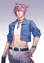 Rule 34 | 1boy, abs, animal ears, arm at side, warrior of light (ff14), belt, black belt, black gloves, blue eyes, blue jacket, bracelet, buttons, cat boy, cat ears, cat tail, collarbone, commentary, cowboy shot, creatures (company), cropped jacket, cropped shirt, english commentary, eyewear on head, facial mark, final fantasy, final fantasy xiv, game freak, gloves, hand on own hip, jacket, jewelry, looking at viewer, male focus, mella, midriff, miqo&#039;te, nail polish, navel, necklace, nintendo, pants, pink hair, pokemon, ring, shirt, short hair, single glove, sleeves rolled up, solo, standing, sunglasses, swept bangs, tail, toned, toned male, white pants, white shirt
