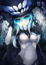 Rule 34 | 10s, 1girl, abyssal ship, black gloves, blue eyes, blue hair, blurry, bodysuit, breasts, cape, colored skin, covered navel, depth of field, eyelashes, gloves, glowing, glowing eyes, hair between eyes, hand on headwear, hat, headgear, high collar, highres, kajaneko, kantai collection, long hair, looking at viewer, matching hair/eyes, pale skin, silver hair, small breasts, solo, teeth, upper body, white skin, wo-class aircraft carrier