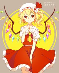 Rule 34 | 1girl, artist name, ascot, bad id, bad pixiv id, blonde hair, crystal, finger to mouth, flandre scarlet, hat, hat ribbon, looking at viewer, mob cap, okono, puffy sleeves, red eyes, ribbon, shirt, short hair, short sleeves, side ponytail, skirt, skirt set, smile, solo, touhou, vest, wings