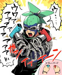Rule 34 | 1boy, arms (game), chain, crossed arms, domino mask, closed eyes, glasses, green hair, joy-con, male focus, mask, nekobayashi (nekoforest), ninjara (arms), nintendo, nintendo switch, open mouth, ponytail, short hair, solo, sweat