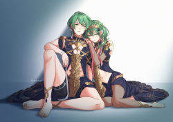 Rule 34 | 1boy, 1girl, aequorine, barefoot, byleth (female) (fire emblem), byleth (fire emblem), byleth (male) (fire emblem), closed eyes, feet, fire emblem, fire emblem: three houses, green hair, leaning on person, legs, long hair, nintendo, official alternate costume, revealing clothes, sitting, twitter username